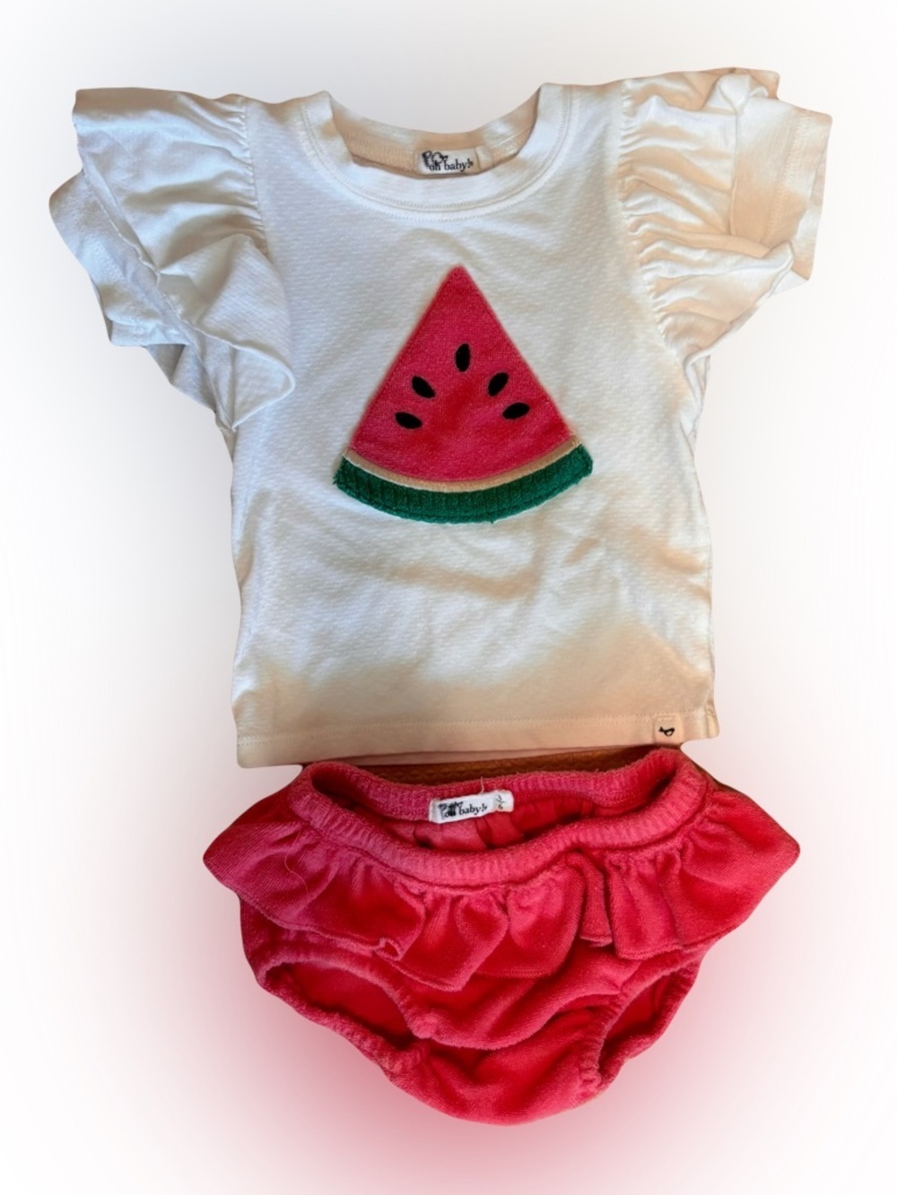 Oh Baby Girls 3-6 Months Watermelon Terry Applique Short Sleeve Tushie Set